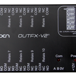 Module d'extention OUTFX 10 sorties relais Communication sur BUS RS485 jusqu'a 10 modules OUTFX par centrale. Alim 12Vdc non fourni