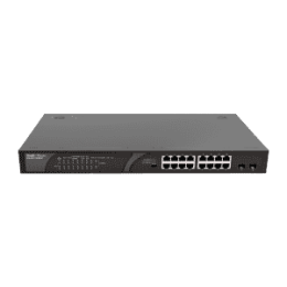 Switch PoE de bureau Reyee 16 ports RJ45 + 2 SFP de liaison montante     16 ports Gigabit + 2 ports Gigabit 16 ports PoE+ 802.3af/at Puissance totale 247W